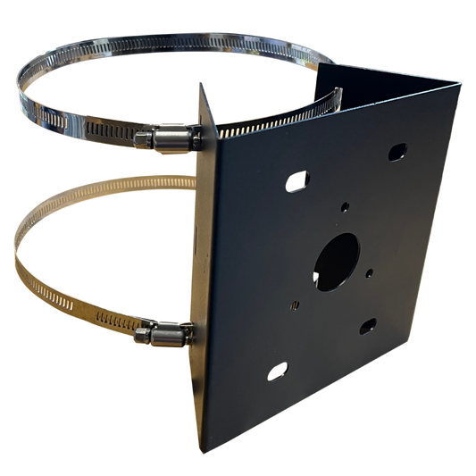 A black metal pole mount designed for mounting Farmstream cameras, featuring a square mounting plate with a camera attachment point, and adjustable metal straps.