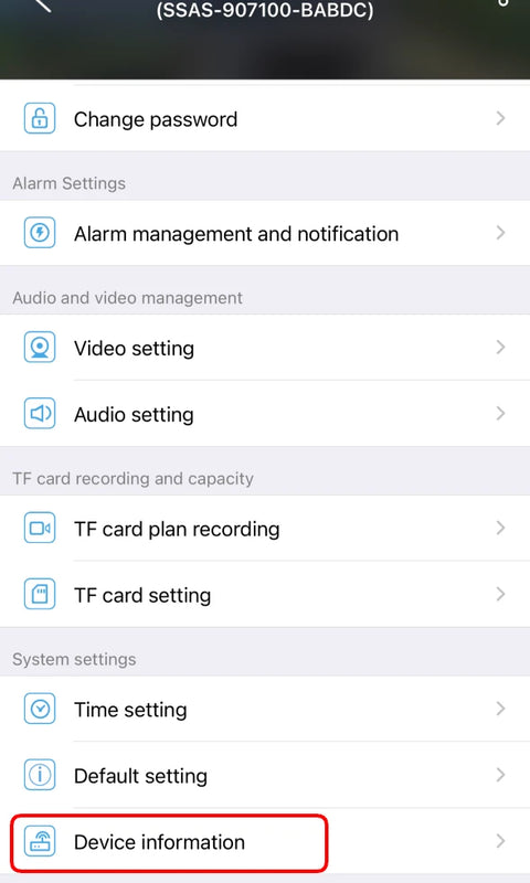 CamHiPro Device information screen