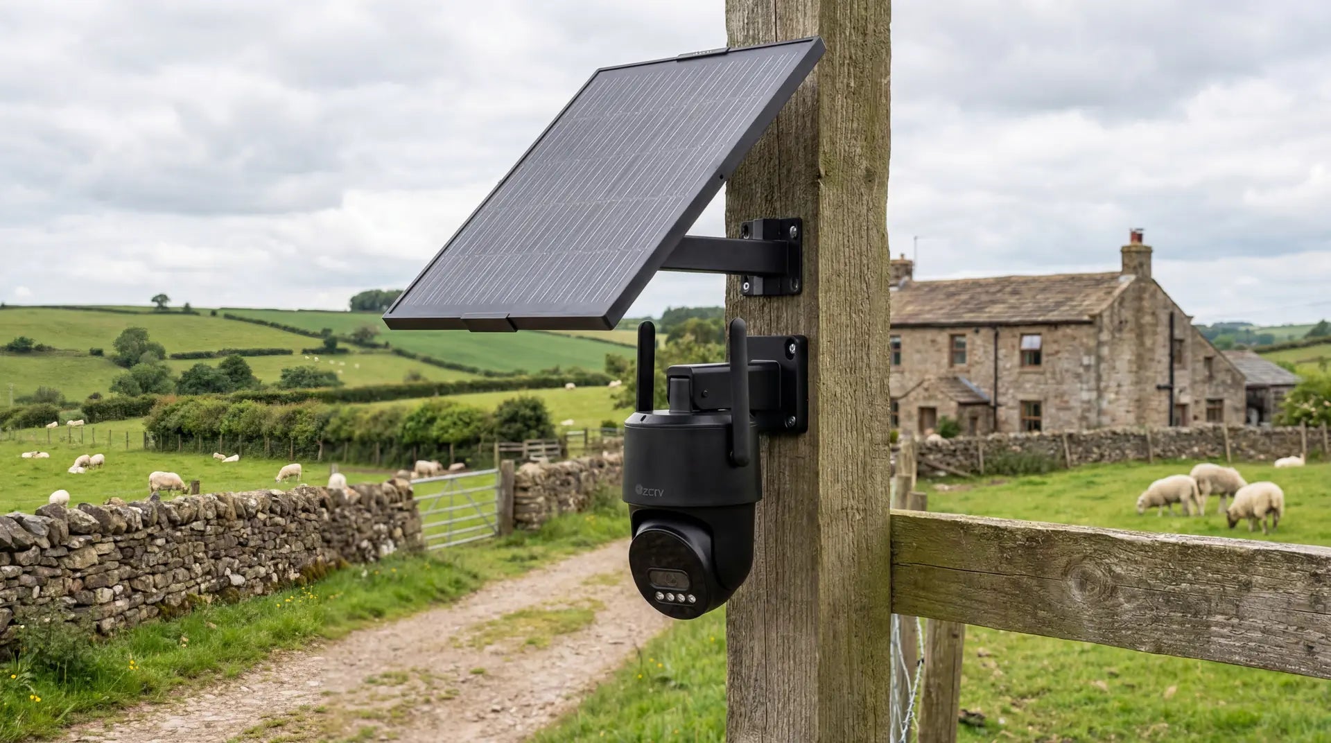 Solar 360 Mini solar-powered 4G camera watching over sheep in a green off-grid UK pasture