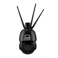 A black 360-degree surveillance camera with the Farmstream brand logo, equipped with antennas and a rotating camera head.