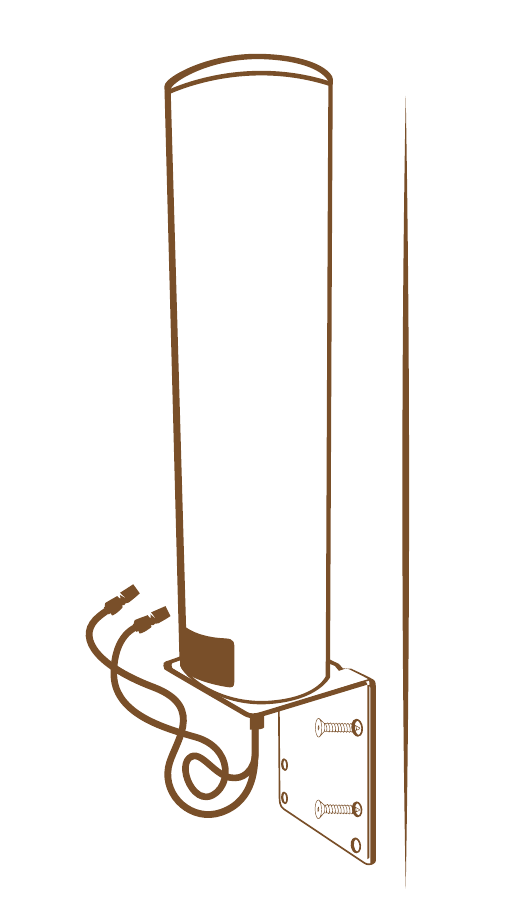 Extender antenna fixed to its wall bracket on the outside of a building, with its two leads hanging below